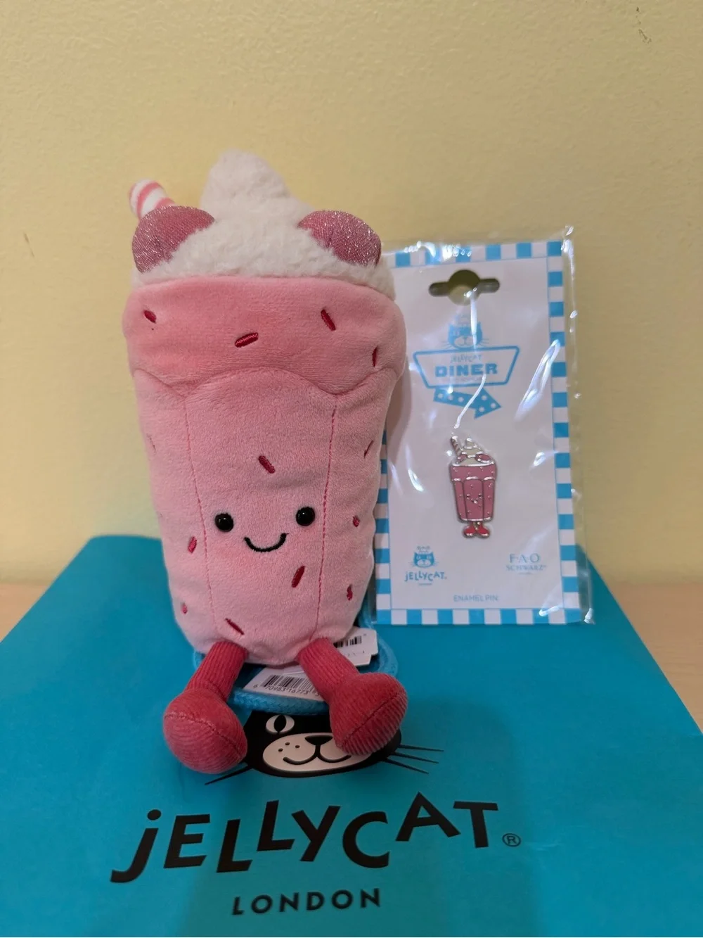 Jellycat my name is bubbeca milkshake with pin